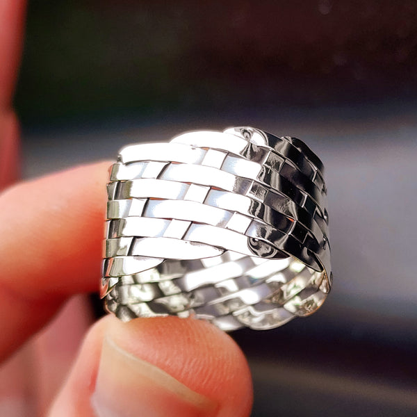 (Z) Solid 925 Sterling Silver Woven Braid Wide Band Ring