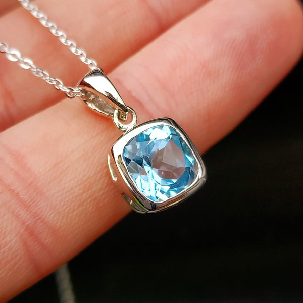 Solid 925 Sterling Silver & 10mm Sky Blue Topaz Square Pendant Necklace
