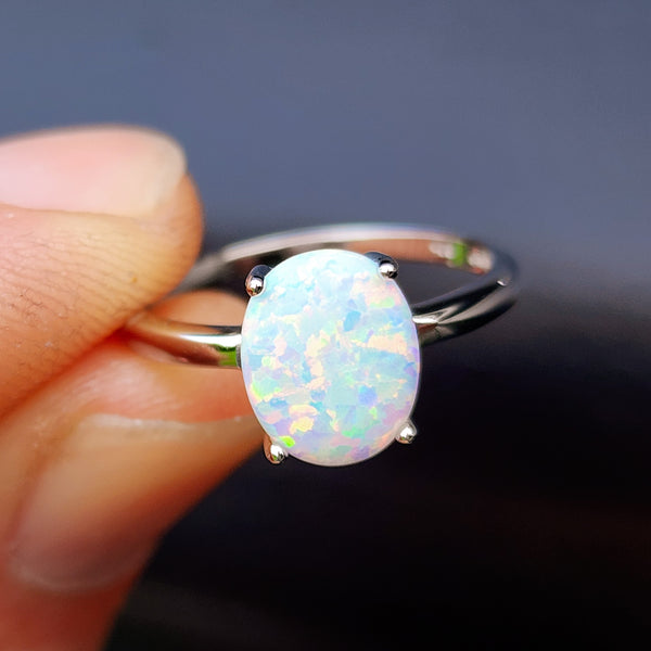 (Q) Solid 925 Sterling Silver & 10mm White Created Opal Solitaire Ring