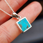 Solid 925 Sterling Silver & Natural Turquoise Square Pendant Necklace