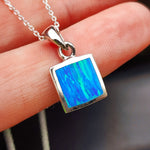 Solid 925 Sterling Silver & 11mm Square Created Blue Opal Pendant Necklace