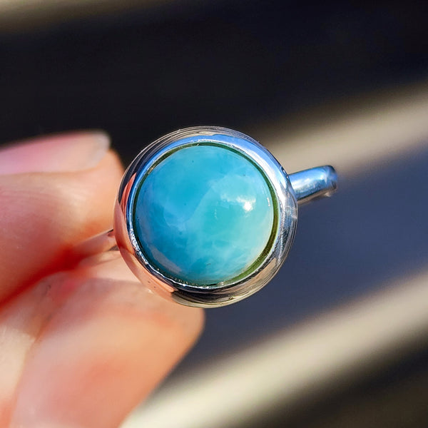 Solid 925 Sterling Silver & 12mm Natural Larimar Round Signet Ring