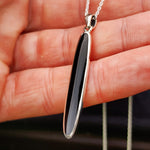 Solid 925 Sterling Silver & 38mm Natural Black Onyx Long Oval Pendant Necklace
