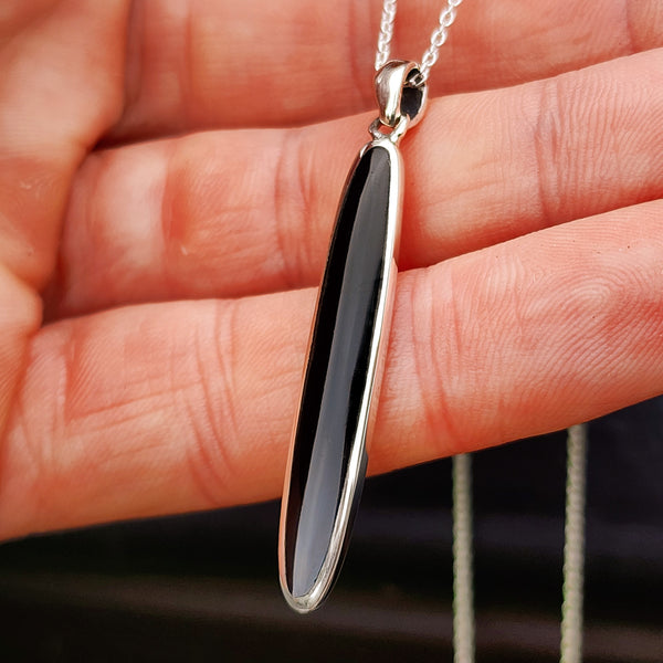 Solid 925 Sterling Silver & 38mm Natural Black Onyx Long Oval Pendant Necklace