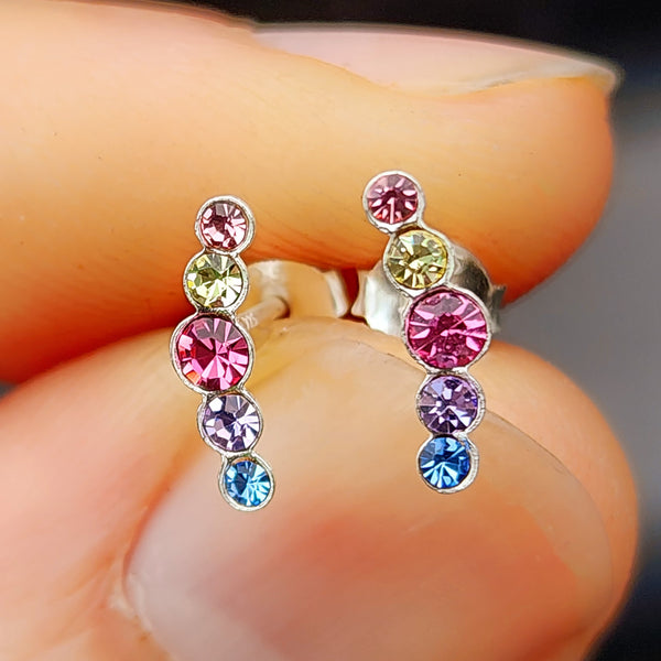 Solid 925 Sterling Silver & 5x Multi Setting Colored CZ Stud Earrings