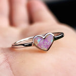 (Q) Solid 925 Sterling Silver & 6mm Pink Created Opal Heart Ring
