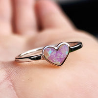 (Q) Solid 925 Sterling Silver & 6mm Pink Created Opal Heart Ring