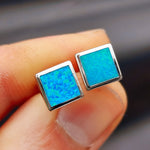 Solid 925 Sterling Silver & 8mm Created Opal Square Stud Earrings