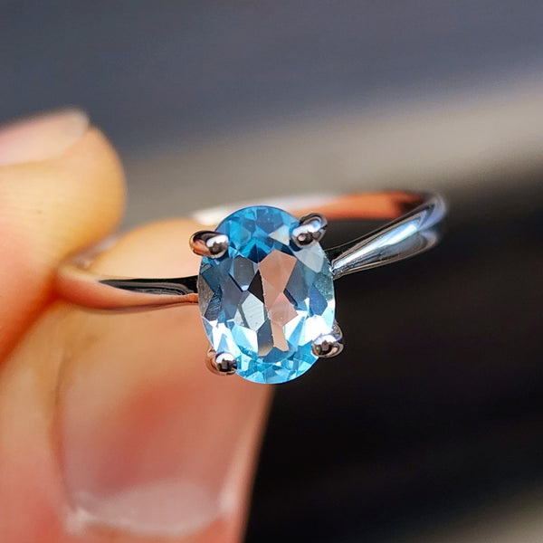 Solid 925 Sterling Silver & 8mm Sky Blue Topaz Clawed Solitaire Ring