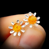 Solid 925 Sterling Silver & 9mm Natural Amber Daisey Stud Earrings