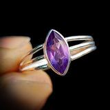 (Q) Solid 925 Sterling Silver & Natural Amethyst 3 Bar Cage Ring