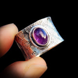 (Q) Solid 925 Sterling Silver & Natural Amethyst Textured Wide Band Ring