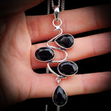 Solid 925 Sterling Silver & Natural Black Onyx Handmade Multi Setting Wave Necklace