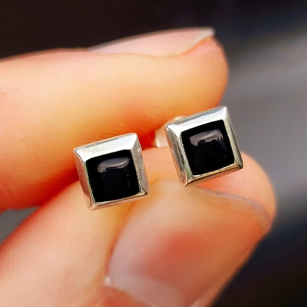 Solid 925 Sterling Silver & 6mm Black Onyx Square Stud Earrings