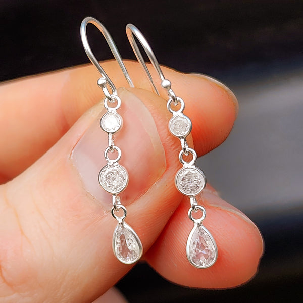 Solid 925 Sterling Silver & CZ 3 Layer Hanging Hook Earrings