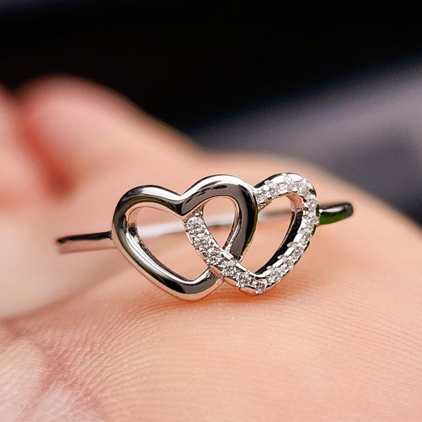 (Q) Solid 925 Sterling Silver & CZ Double Heart Ring