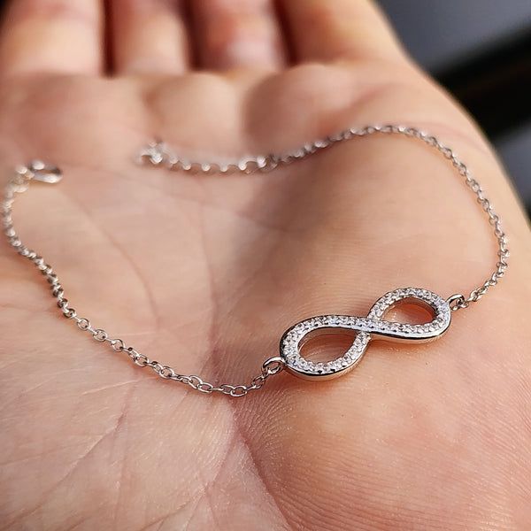 Solid 925 Sterling Silver & CZ Diamond Infinity Chain Bracelet