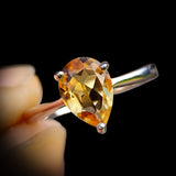 Solid 925 Sterling Silver & Natural Citrine Pear Solitaire Ring