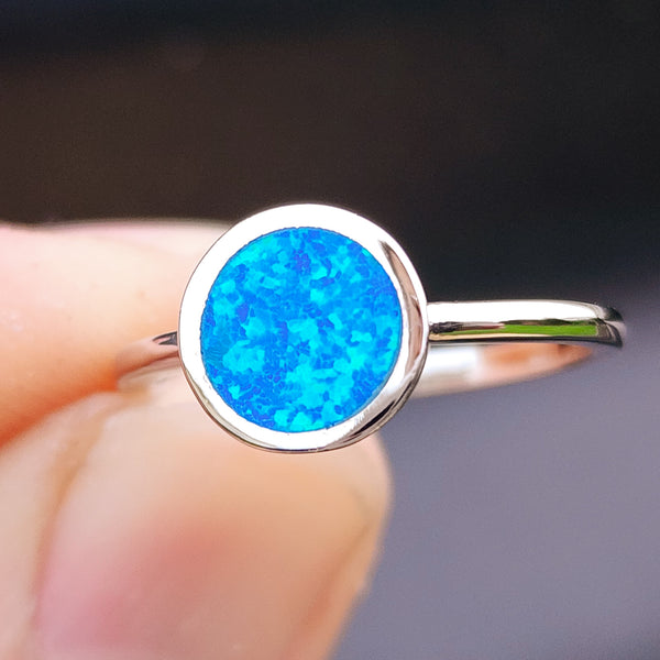 Solid 925 Sterling Silver & 8mm Created Opal Round Solitaire Ring