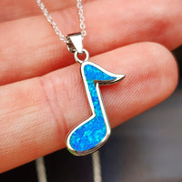 Solid 925 Sterling Silver & Created Blue Opal Music Note Pendant Necklace