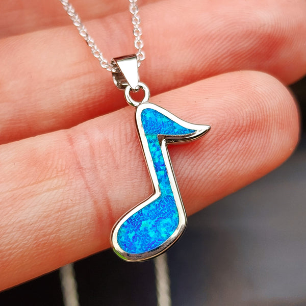Solid 925 Sterling Silver & Created Blue Opal Music Note Pendant Necklace