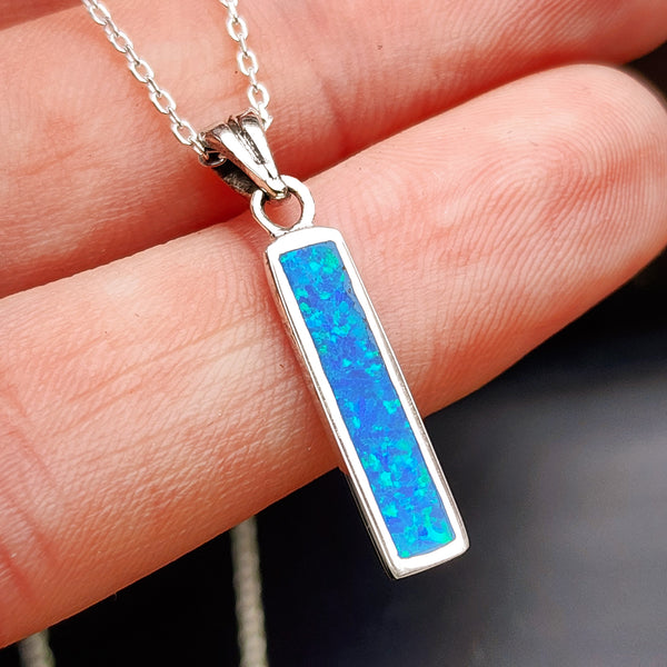 Solid 925 Sterling Silver & Created Blue Opal Rectangle Pendant Necklace