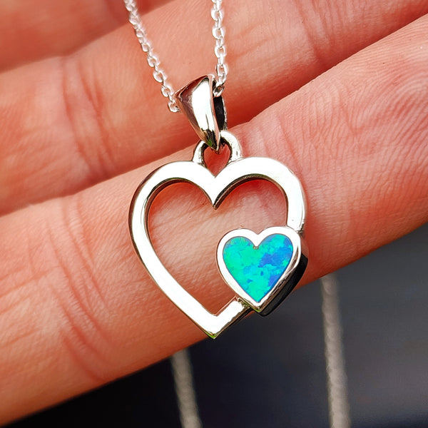 Solid 925 Sterling Silver & Created Blue Opal Double Heart Pendant Necklace