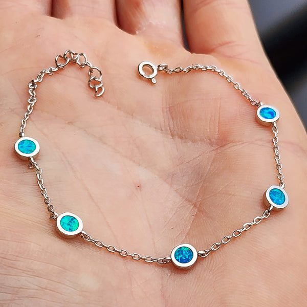 Solid 925 Sterling Silver & Created Opal Chain Bracelet