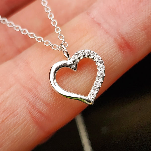 Solid 925 Sterling Silver & Half CZ Diamond Heart Pendant Necklace