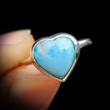 (Q) Solid 925 Sterling Silver & Natural Larimar Heart Ring