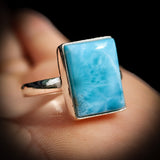 Solid 925 Sterling Silver & Natural Larimar Handmade Rectangle Ring