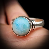 Solid 925 Sterling Silver & Natural Larimar Handmade Round Solitaire Ring