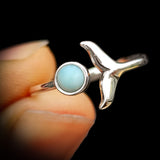 Adjustable Solid 925 Sterling Silver & Natural Larimar Whale Tail Ring