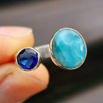 (Q) Solid 925 Sterling Silver & Natural Larimar With Blue Topaz Double Stone Ring
