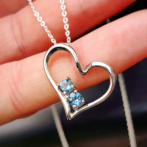 Solid 925 Sterling Silver & London Blue Topaz Heart Pendant Necklace