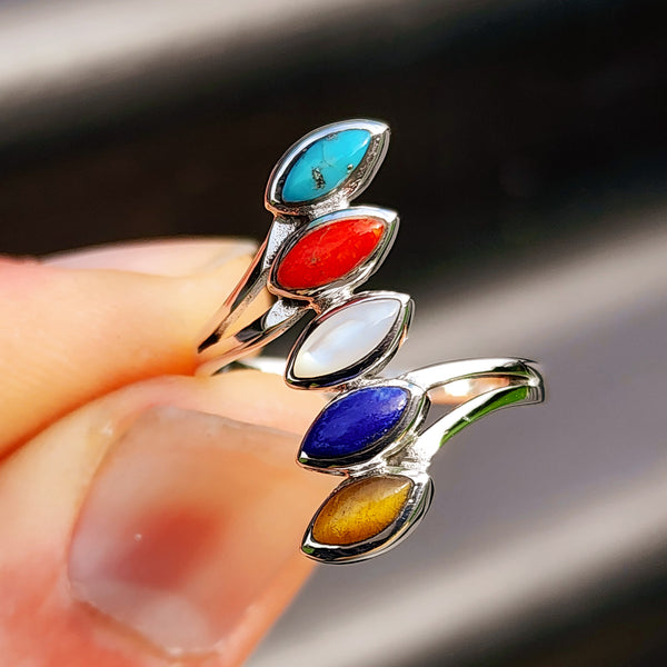 Solid 925 Sterling Silver & Natural Mixed Gemstone Leaf Ring