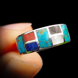 (T) Solid 925 Sterling Silver & Natural Mixed Gemstone Band Ring
