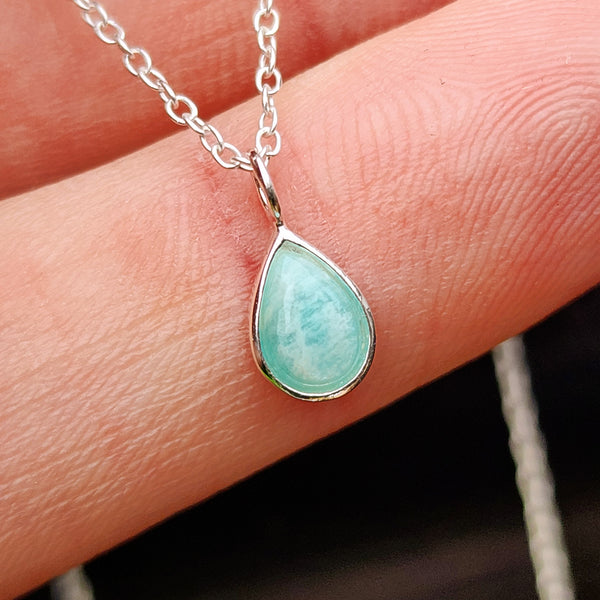 Solid 925 Sterling Silver & Natural Amazonite 7mm Pear Drop Necklace