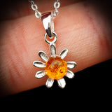 Solid 925 Sterling Silver & Natural Amber Daisey Pendant Necklace