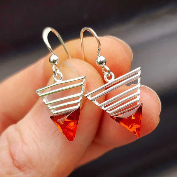 Solid 925 Sterling Silver & Natural Amber Triangle Hook Earrings