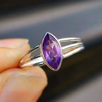 Solid 925 Sterling Silver & Natural Amethyst 3 Bar Cage Ring