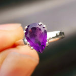 (M) Solid 925 Sterling Silver & Natural Amethyst Clawed Pear Ring