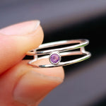 Solid 925 Sterling Silver & Natural Amethyst  Double Band Ring