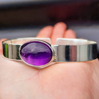 Solid 925 Sterling Silver & Natural Amethyst Oval Cuff Bracelet