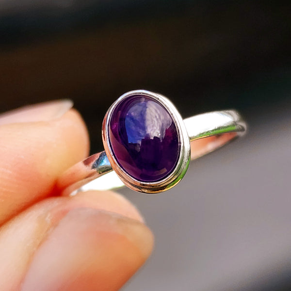Solid 925 Sterling Silver & Natural Amethyst Oval Ring
