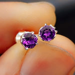 Solid 925 Sterling Silver & 5mm Natural Amethyst Round Claw Stud Earrings