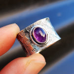 Solid 925 Sterling Silver & Natural Amethyst Textured Wide Band Ring
