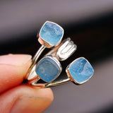 (Adjustable) Solid 925 Sterling Silver & Natural Aquamarine 3x Setting Ring