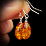 Solid 925 Sterling Silver & Cognac Amber Hanging Waterdrop Earrings