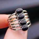 (T) Solid 925 Sterling Silver & Natural Black Onyx 4 Setting Cage Ring